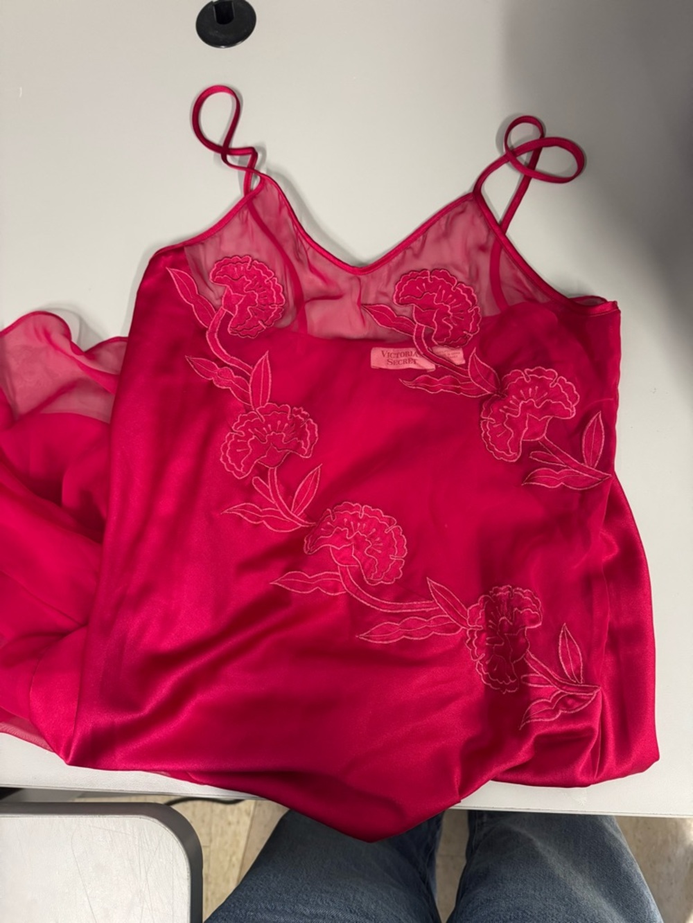VTG Victoria's Secret Hot Pink Floral Mesh-Top Slip